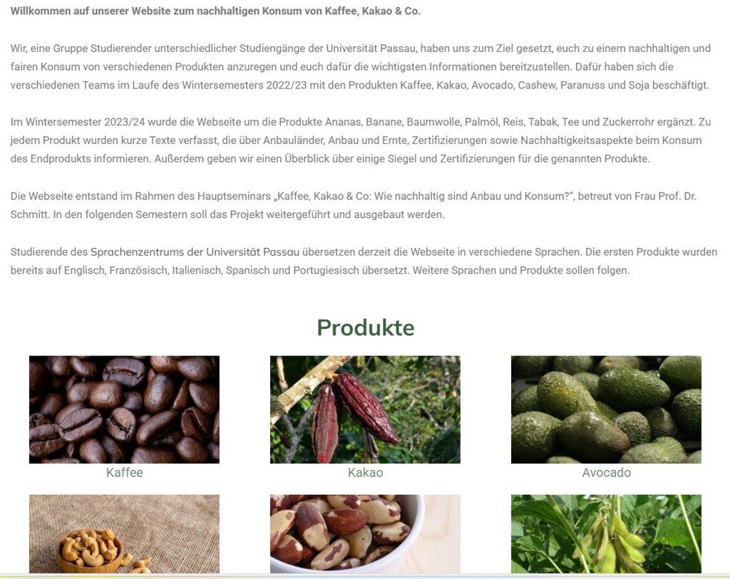 Screenshot der Website mit Produktbildern